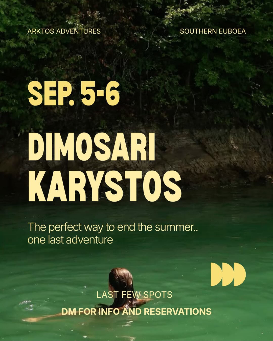 Dimosari Karystos poster, September 5–6 with Arktos Adventures, a swimmer in the green water of the gorge